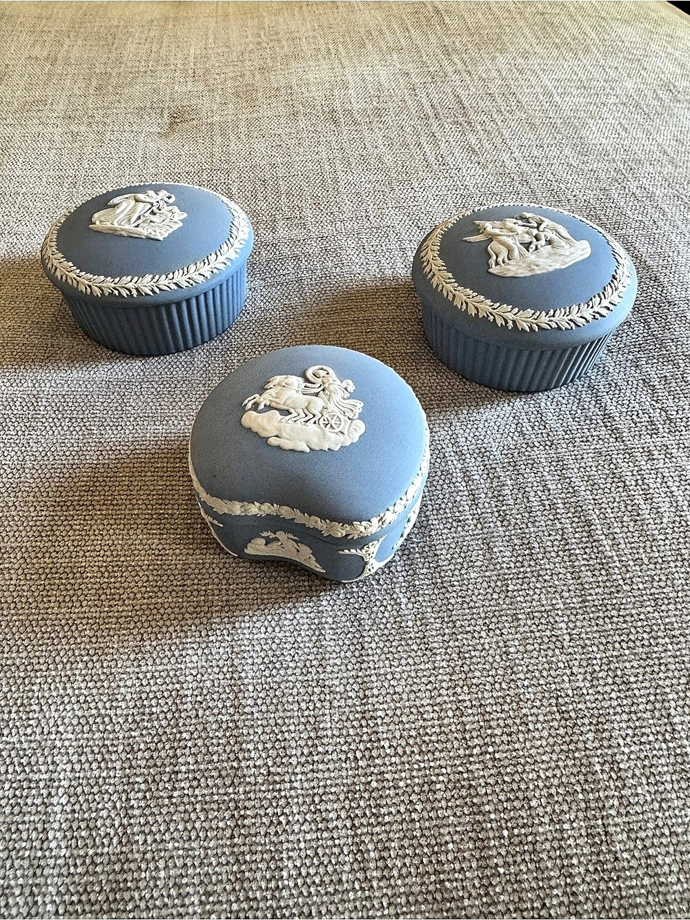 Vintage Wedgwood Blue Jasperware Lidded Trinket Box Set (3 Pieces)